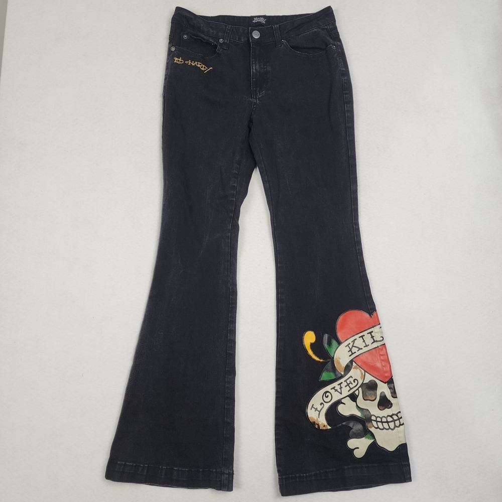 Vtg Ed Hardy Flare Jeans Women's 30 x 32 Black Denim Love Kills Slowly Graphic